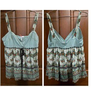 VINTAGE ANTHROPOLOGIE RIC RAC TANK TOP/CAMI GREEN/FLORAL SIZE M
